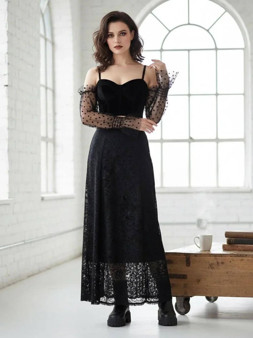 Black Tulle Velvet Polka Dots Long Ruffle Arm Warmers OS NWT